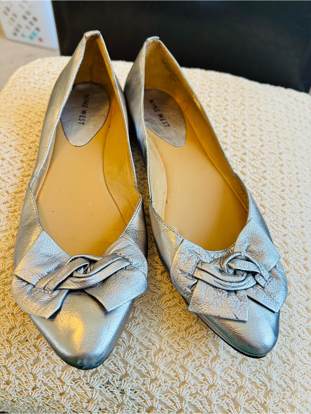 Nine West Metallic Silver Pointed Knot Ballet Flats